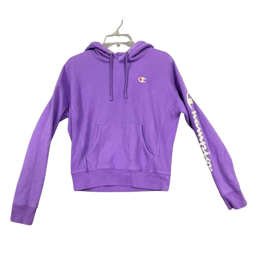 Champion Hoodie Womens Small Purple Reverse Weave Logo Sleeve Graphic Fleece
